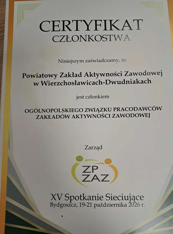 Certyfikat członkostwa PZAZ Wierzchosławice-Dwudniaki w Ogólnopolskim Związku Pracodawców ZAZ