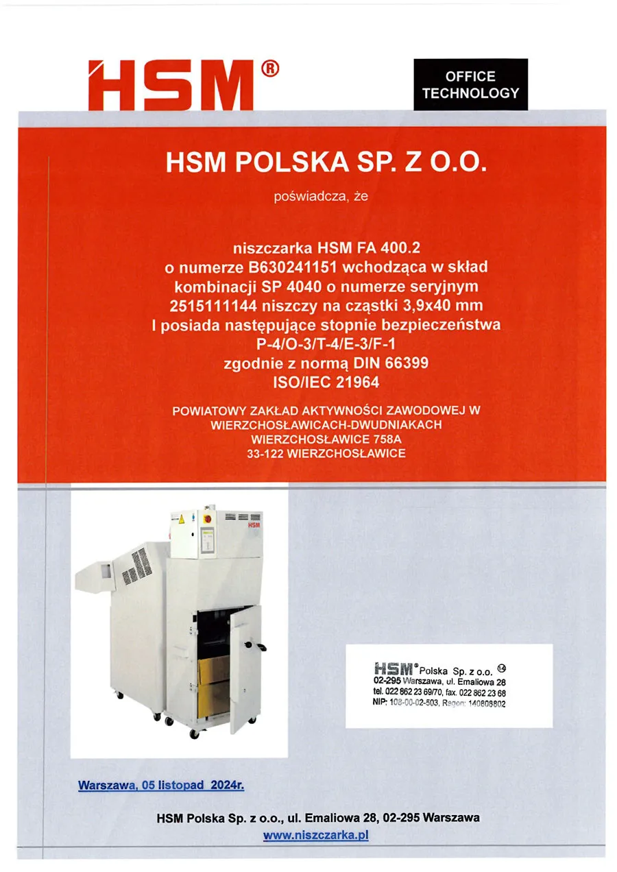 Certyfikat HSM potwierdzający niszczenie w klasie P-4