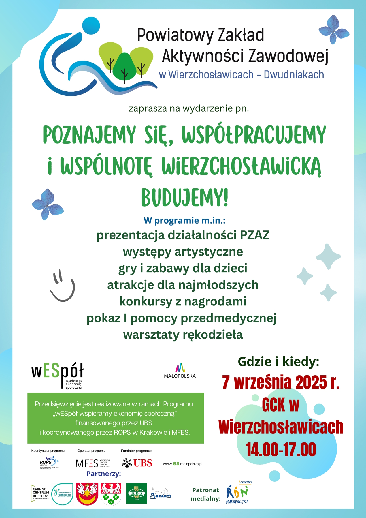 Piknik integracyjny pn. "Poznajemy się, współpracujemy i wspólnotę wierzchosławicką budujemy" - plakat